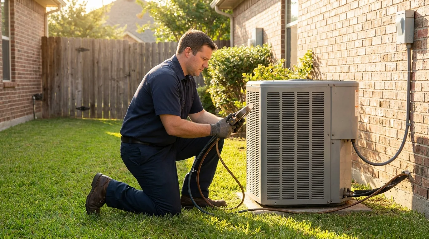HVAC technician checking a residential air conditioning condenser unit in a Rowlett backyard